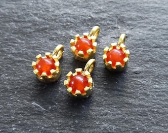 Mini Prong Drop Charms with Orange Jade Stone, Small Gold Gemstone Charms, Earring Charm, Bracelet Beading Charms, 22k Matte Gold Plated 4pc