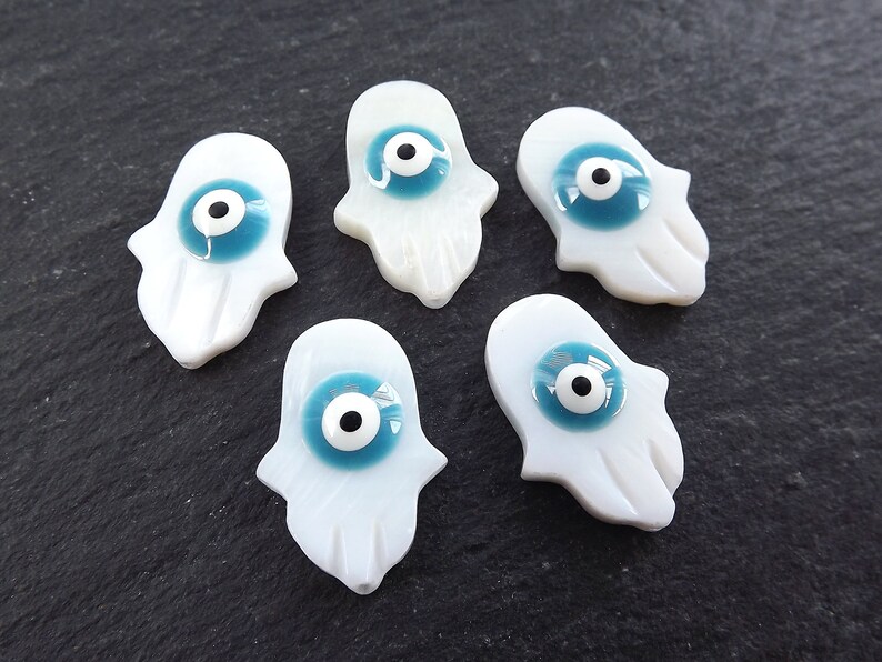 5 Mother of Pearl Evil Eye Hamsa Hand Beads Enamel Evil Eye image 0