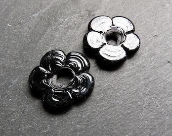 2 cuentas de flores de vidrio negras medianas, flores gruesas hechas a mano, nuevo tamaño 40 mm, 2 piezas