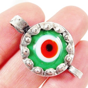 Irish Green Evil Eye Round Glass Connector Pendant Silver Plated 1pc image 1