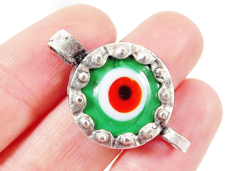 Irish Green Evil Eye Round Glass Connector Pendant Silver Plated 1pc image 1