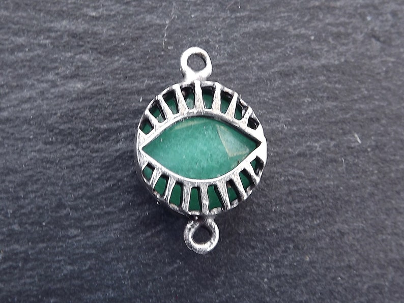 Necklace Pendant Evil Eye Pendant Evil Eye Charm Lucky Antique Silver Plated Protective Aqua Evil Eye Jade Stone Connector Charm