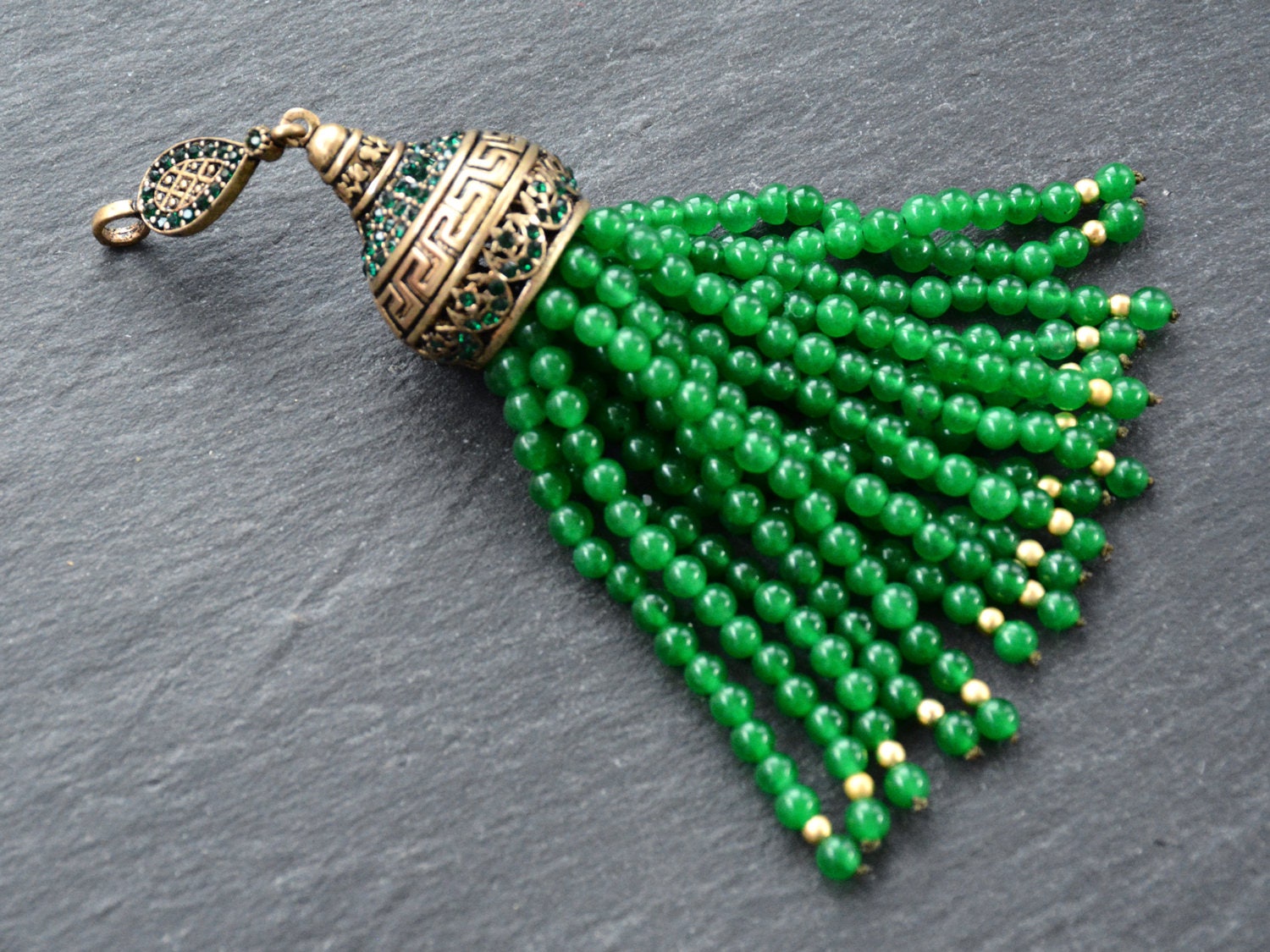 Antique Bronze Large Long Deep Smokey Blue Facet Cut Jade Stone Beaded Tassel with Green Clear Crystal Accents 1PC