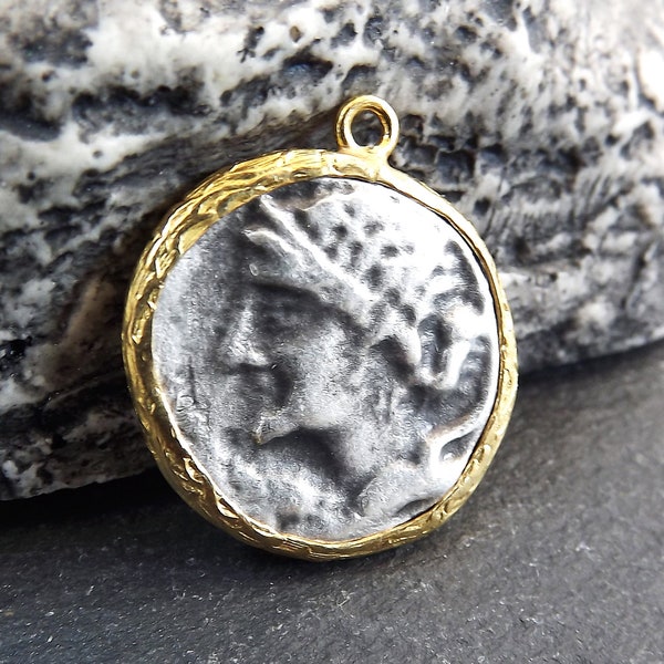 Greek Coin Pendant Gold Frame Bezel,Medallion Charm, Ancient Sicilian Greek Coin, Shiny Gold, Antique Silver Plated