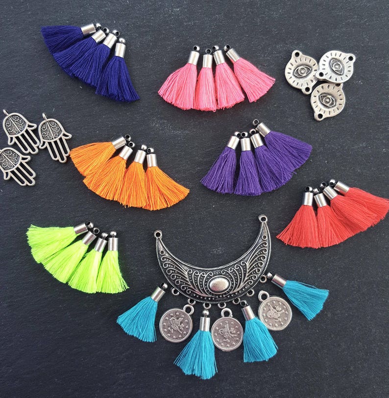 Mini Neon Orange Soft Thread Tassels Earring Bracelet Tassel Fringe Turkish Findings Antique Matte Silver Plated Cap 4pc NEW CAP 26mm