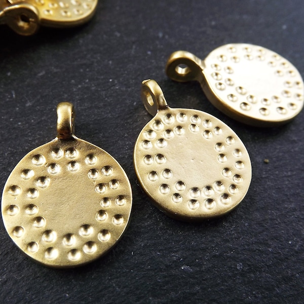 3 Small Dotted Round Gold Disc Pendants with Side Facing Loop Ethnic Pendant Bracelet Charm Zen Yoga Jewelry Supplies 22k Matte Gold Plated