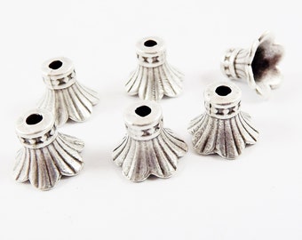 NEW - 6 Rustic Fluted Antique Matte Silver Plated Round Bead caps