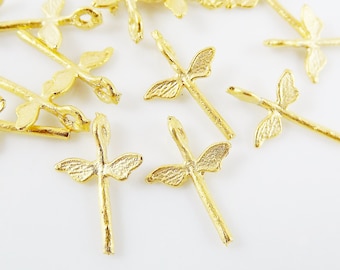 15 Mini Rustic Dragonfly Charms - 22k Matte Gold Plated Brass