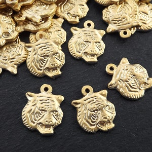 Gold Tiger Charms, Tiger Pendant, Fierce Tiger Face, Tiger head Charm pendant, Animal Charm, Tribal, Jewelry Supplies, 22k Matte Gold , 4pc