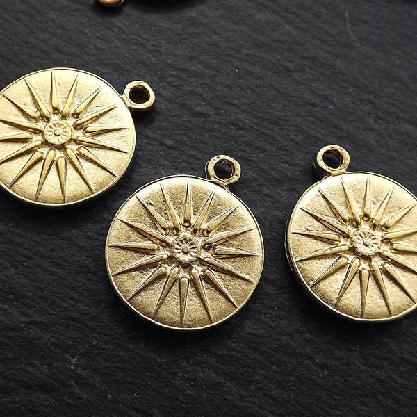 Gold Greek Vergina Sun Coin Pendant Charm, Ancient Macedonian Star Royal Symbol, Argead Star, Greek Sunburst Flower, 22k Matte Gold 3pc