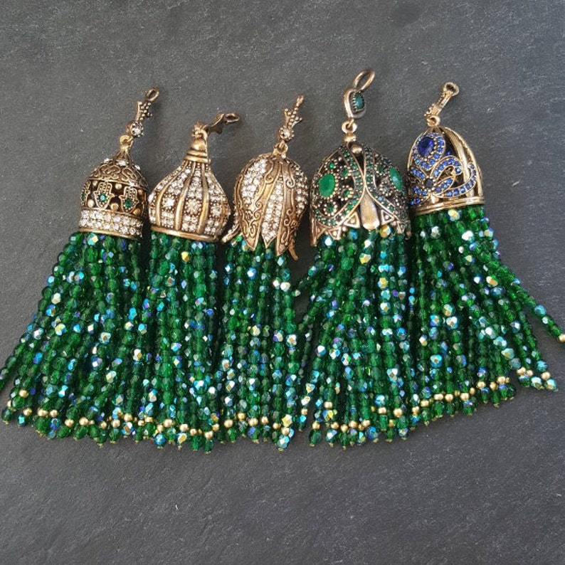 1PC Antique Bronze Large Long Emerald Green Jade Stone Beaded Tassel with Crystal Accents Greek Key Pattern