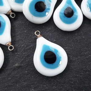 Evil Eye Charm, White Evil Eye, White Teardrop, Glass Evil Eye, Lampwork, Evil Eye Pendant, Amulet, Protective, Lucky, Handmade, 1pc