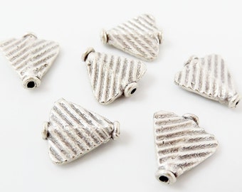 6 Rustic Ribbed Triangle Beads Spacers - Matte Silver Plated