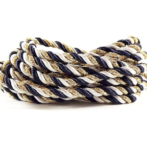 3.5mm Navy Rice White Metallic Gold Twisted Rayon Satin Rope Silk Braid Cord - 3 Ply Twist - 1 metri - 1.09 Yards - No:17