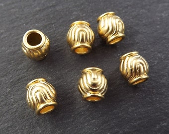 Gold Barrel Beads, Large Round Ripple Wave Detail Ball Bead Spacers, Bracelet Beads, Non Tarnish 22k Matte Gold Plated Brass, 6pc