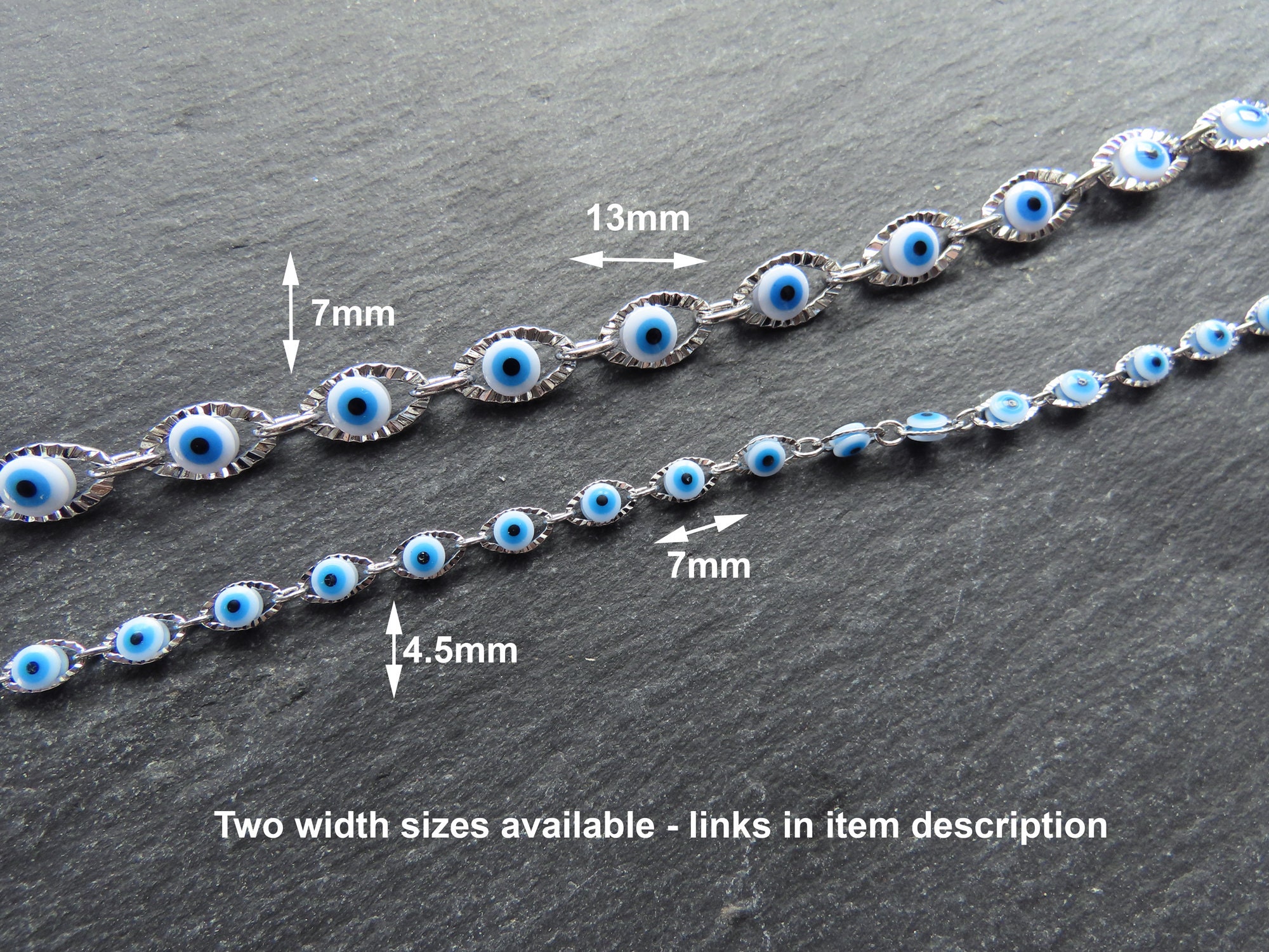 Evil Eye Chain, Moving Glass Beads, Marquee Crimped Link Chain 7x4.5mm –  LylaSupplies