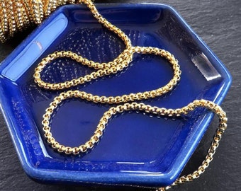 3mm Round Box Chain, Unfinished Bulk Chain for Jewelry Making, Chain by Yard Meter, Tarnish Resistant, 24K Shiny Gold Plated Brass, 1 meter