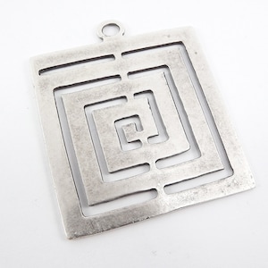 Large Fretwork Square Minimalist Geometric Pendant - Matte Antique Silver Plated - 1pc