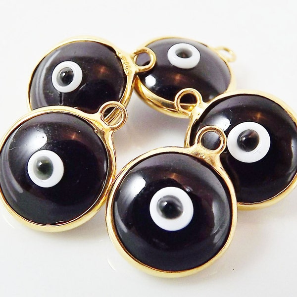 5 Black Evil Eye Nazar Artisan Glass Bead Charms - Gold Plated Brass Bezel