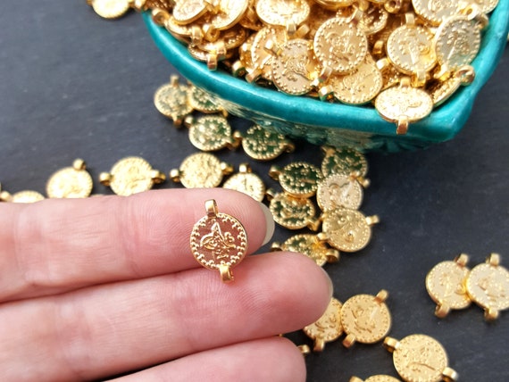 Gold Coin Pendant Charms With Two Loops Dotted Rim Tughra Round