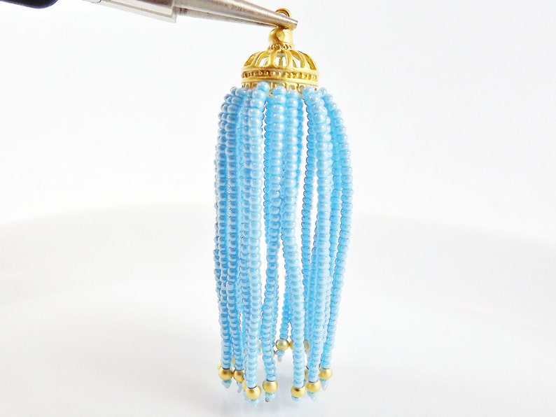 1PC Long Sky Blue Beaded Tassel 22k Matte Gold Plated Brass