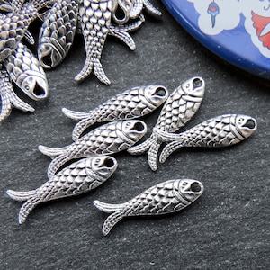6 Rustic Double Sided Fish Charms, Good Luck Charm, Prosperity Symbol, Matte Antique Silver Plated Brass