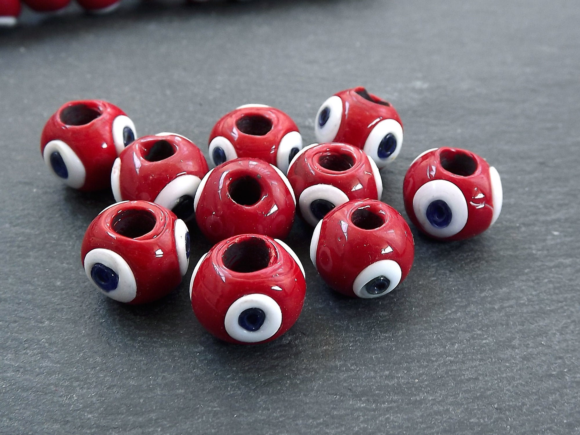 10 White Glass Evil Eye Beads, Chunky Rondelle Artisan Handmade Lucky –  LylaSupplies