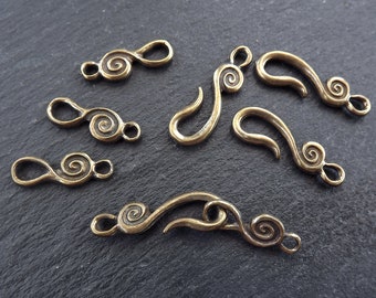 Hook and Eye Clasp, Bronze Hook Clasp Set, Shepherds Hook Clasp, Necklace clasps, Bracelet Clasp, Spiral, Antique Bronze, 4 sets