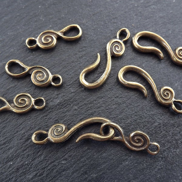 Hook and Eye Clasp, Bronze Hook Clasp Set, Shepherds Hook Clasp, Necklace clasps, Bracelet Clasp, Spiral, Antique Bronze, 4 sets