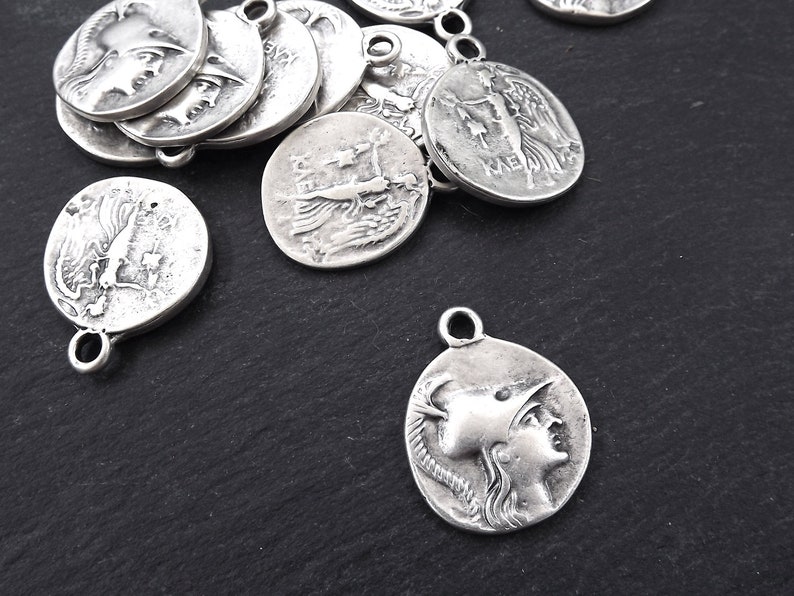 Pamphylia Silver Tetradrachm Athena Matte Antique Silver Plated 2pc Greek Coin Medallion Rustic Cast Pendant