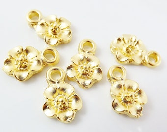 6 Cherry Blossom Flower Charms - Flat back - 22k Matte Gold Plated