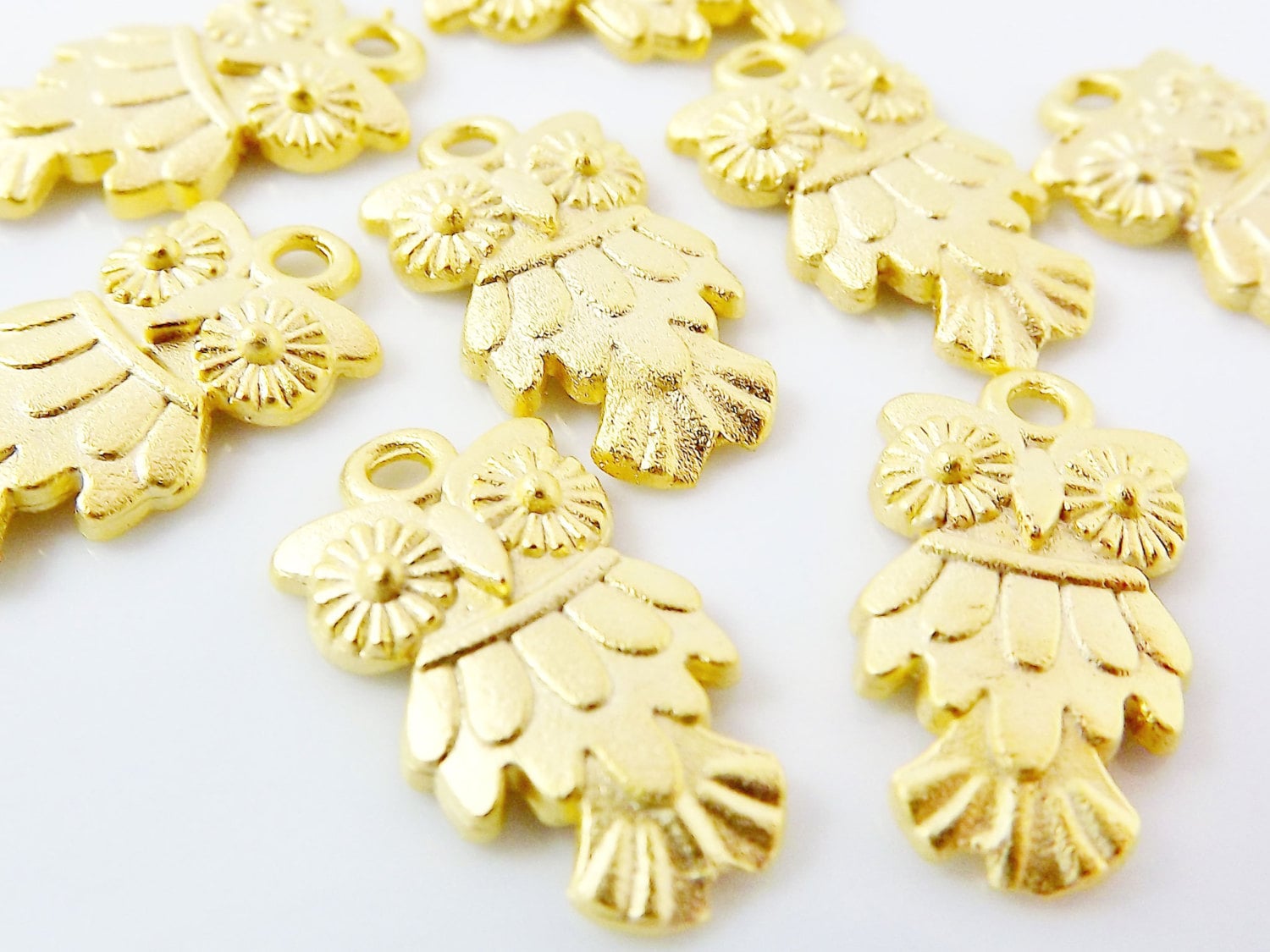 8 Owl Charms - 22k Matte Gold Plated