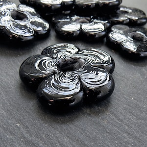 2 Large Black Glass Flower Beads, Large Chunky Flower Artisan Handmade, Size Between 40 48mm image 3