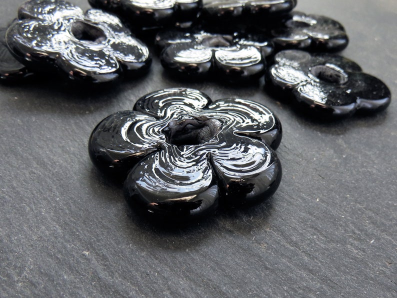 2 Large Black Glass Flower Beads, Large Chunky Flower Artisan Handmade, Size Between 40 48mm image 3
