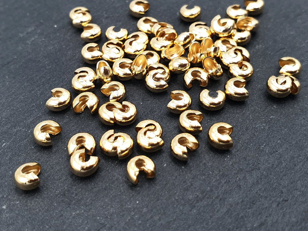 4mm Crimp Bead Knot Covers, Cover Ends, Non Tanrish Shiny 22k Gold