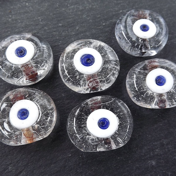 6 Clear Evil Eye Nazar Glass Bead, Good Luck Charm, Protective Amulet Talisman, Traditional Turkish Handmade Glass Beads, 26mm