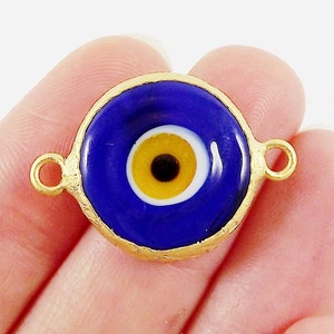 Opaque Navy Blue Yellow Evil Eye Round Artisan Handmade Glass Connector - 22k Matte Gold Plated Bezel - 1pc