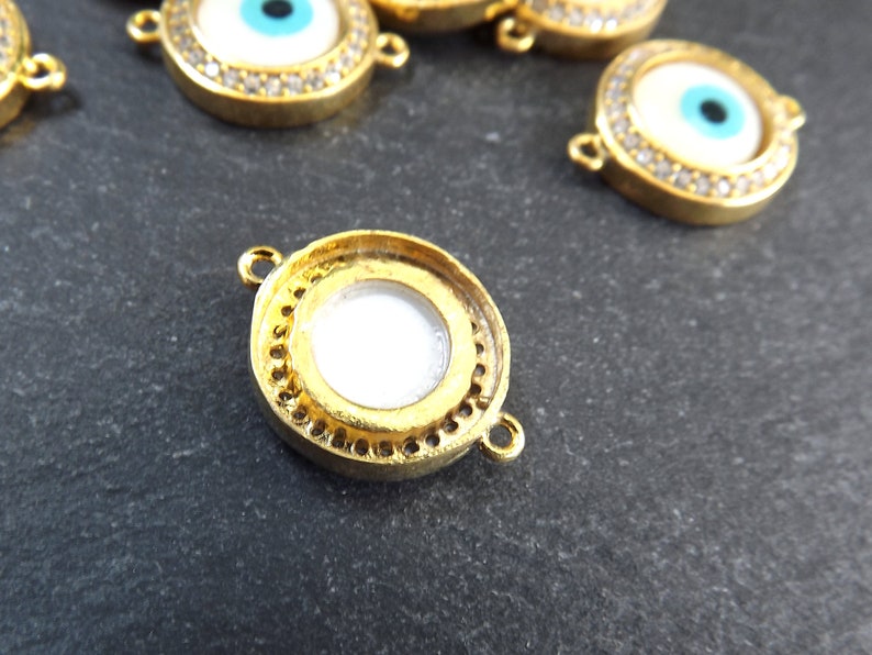 Evil Eye Charm Bracelet Connector White Round Eye Pendant Protective Talisman 15mm 1PC Shiny 22k Gold Plated Rhinestone Pave