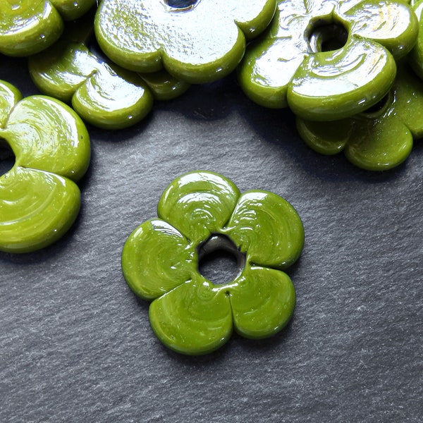 2 Large Olive Green Glass Flower Beads, Large Chunky Flower Artisan Handmade Opaque Red, Size Between 40 - 48mm, New Color