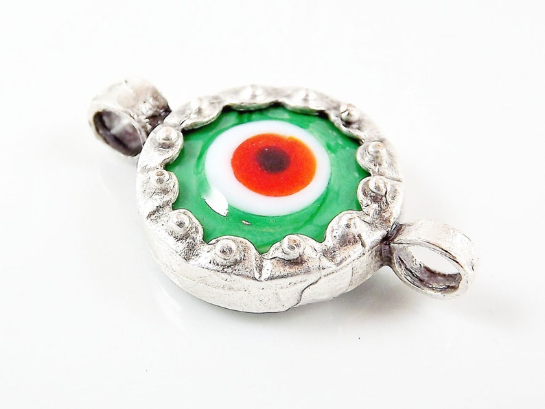 Irish Green Evil Eye Round Glass Connector Pendant Silver Plated 1pc image 3