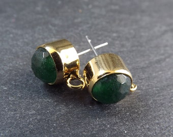 Emerald Green Stone Earring Posts, Stud Earrings, Ear Post, Earring Component, 22k Shiny Gold, 1 Pair
