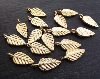 Leaf Charms Pendants, Stamped Leaf Drop Charms Autumn Leaves Fall, 22k Matte Gold Plated, 15pc