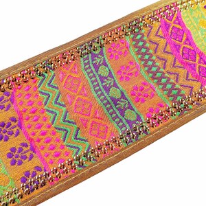 Gelb Rosa Grün Lila Pailletten Gold gewebte Seide Sari Borte Zierband Goldene Bronze Paspelierung - 1 Meter oder 3,3 Fuß oder 1,09 Yards