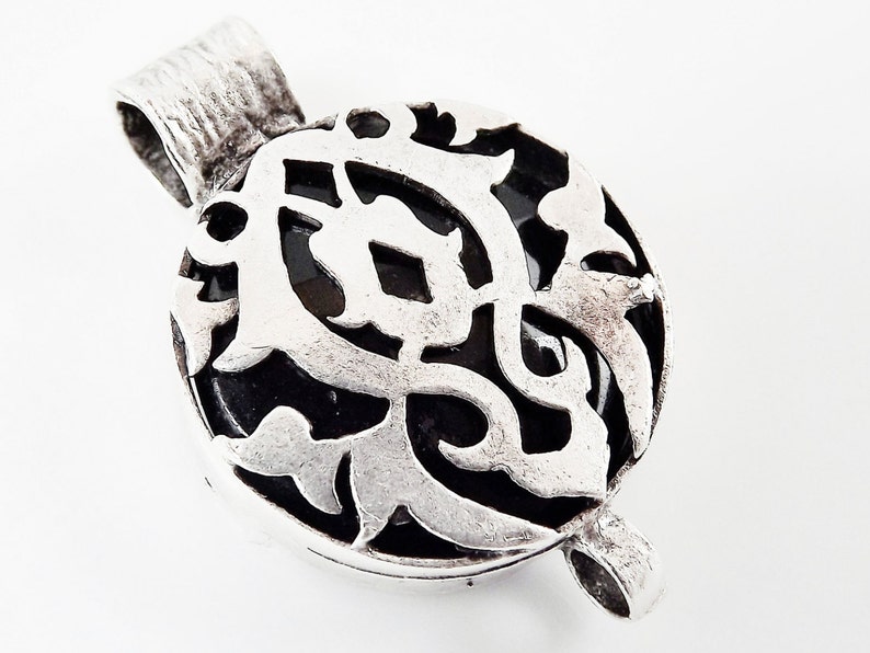 1pc Black Exotic Fretwork Jade Connector Matte Silver Plated Bezel