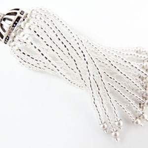 Long Crystal Clear Silver Foil Lined Beaded Tassel - Matte Silver Plated Brass - 1PC