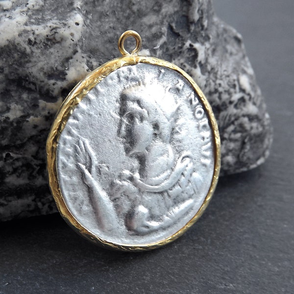 Greek Coin Pendant Gold Frame Bezel, Constantine Coin, Medallion Charm, Ancient Greek Coin, Shiny Gold, No:111 Antique Silver Plated