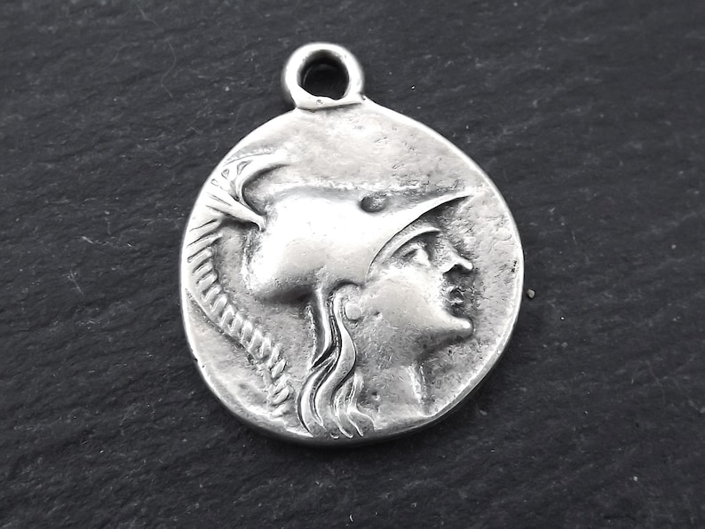 Pamphylia Silver Tetradrachm Athena Matte Antique Silver Plated 2pc Greek Coin Medallion Rustic Cast Pendant