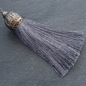 Gray Tassel Pendant, Thick Silk Thread Tassel Pendant, Ornate Antique Bronze Cap, Necklace Tassel, Curtain Tassel, Drawer Tassel, 1pc