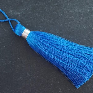 Large Blue Tassel, Silk Thread Tassel Pendant, Silver Metallic Band, Mala Necklace Tassel, Door Tassel, 4.4 inch = 113mm, 1 pc