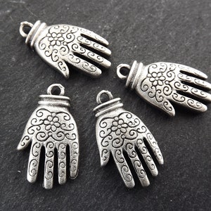 Hamsa Hand of Fatima Charms with Floral Detail, Small Hamsa Pendant, Matte Antique Silver Plated, 4pc